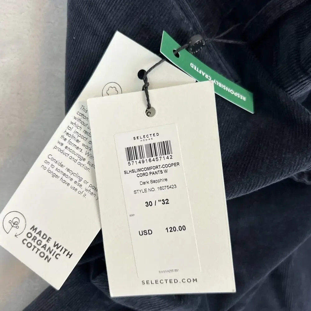 Selected Homme Pants Mens 30x32 Blue Corduroy Slim Skinny‎ Preppy Academia NWT